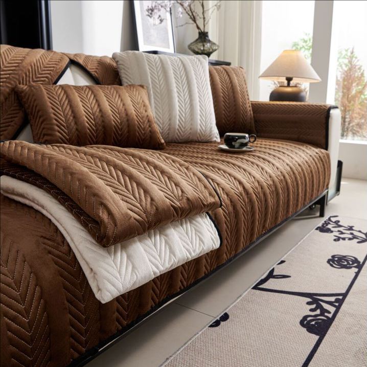 Housse de canapé luxe en velours épais renforcé marron café
