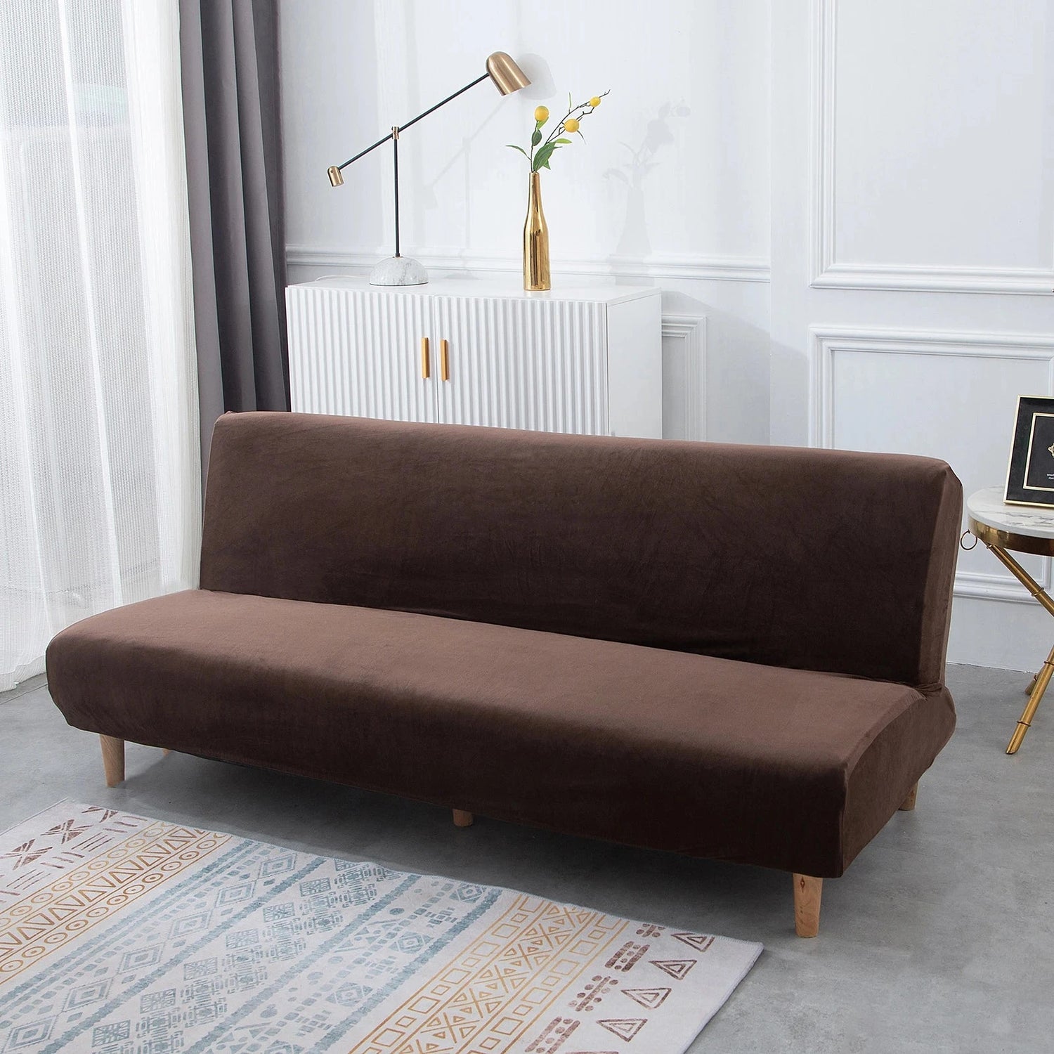 Housse de canapé lit, clic-clac, canapé sans accoudoir pur velours marron