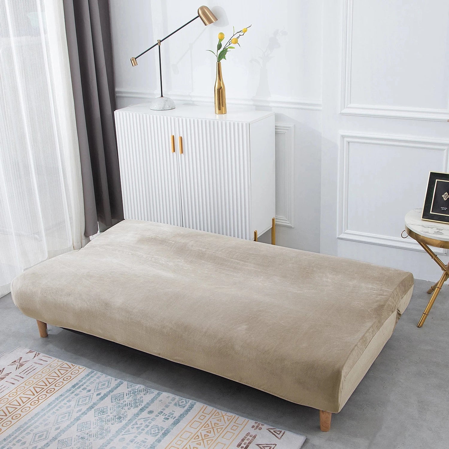 Housse de canapé lit, clic-clac, canapé sans accoudoir pur velours taupe