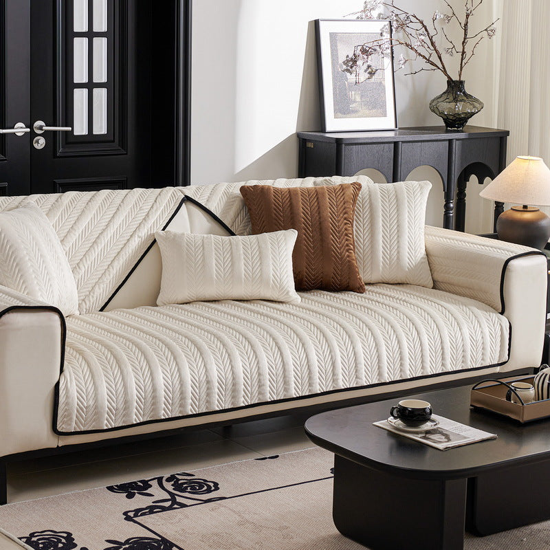 Housse de canapé luxe en velours épais renforcé ivoire
