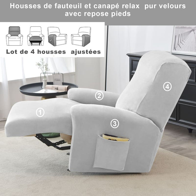 housse pour fauteuil relaxation extensible 4 pièces argent