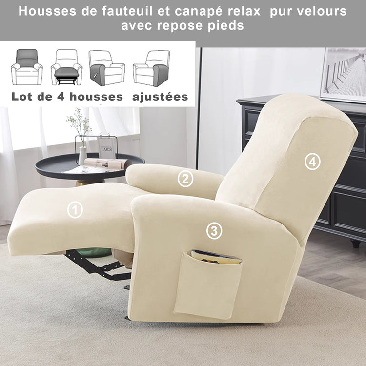 housse pour fauteuil relaxation velours 4 pièces beige