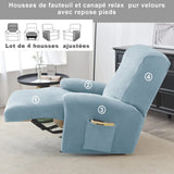 housse pour fauteuil relaxation velours 4 pièces bleue ciel